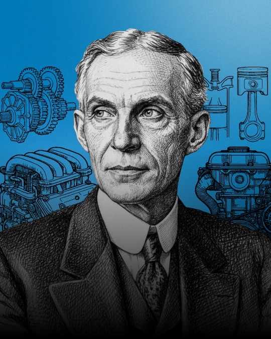 Illustrated portrait of Henry Ford surrounded by engine and gear illustrations