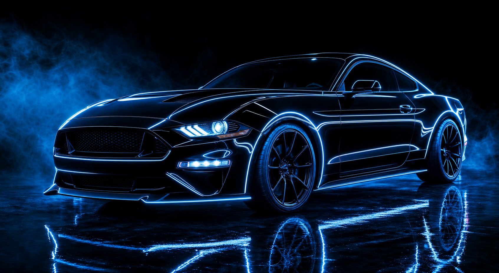 Ford Mustang lit with neon blue showroom lighting